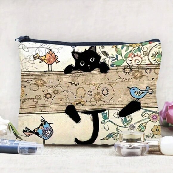 Cat & Birds Makeup Bag Canvas NWT - Picture 1 of 3